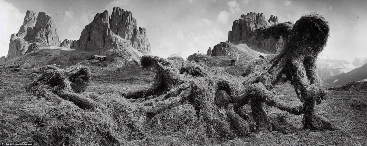 Image similar to 1940s photography of eerie landscape in the dolomites, farmer transformed into root and hay monster