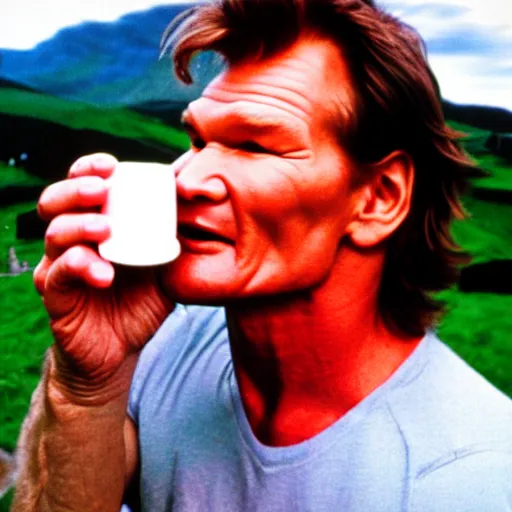 Prompt: patrick swayze eating! a cola cube, in scotland, high quality photograph,