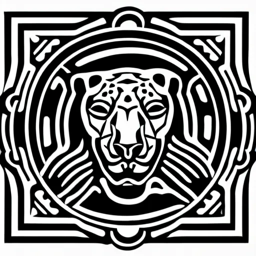 Prompt: jaguar head tattoodesign, geometrical, symmetrical, frontview, black and white, white background.