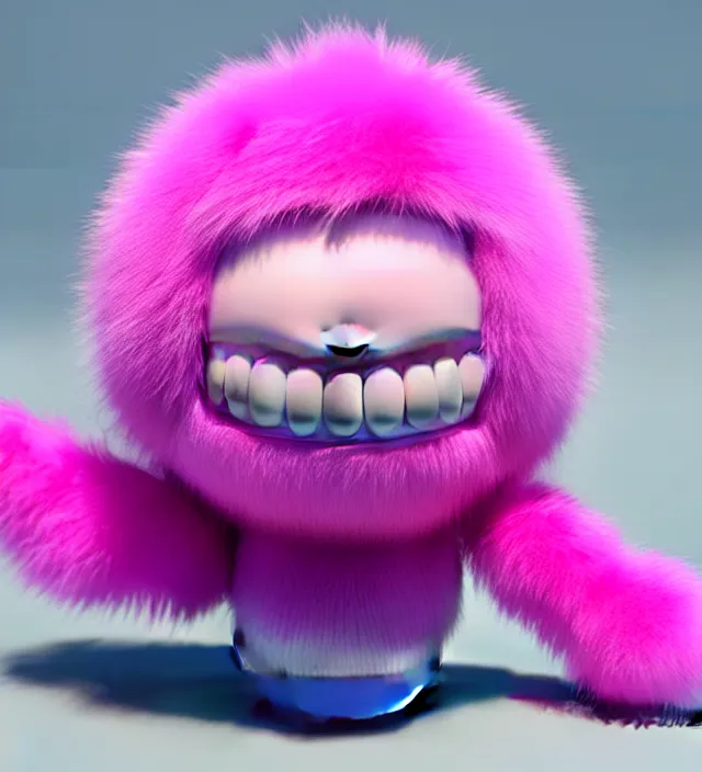 Image similar to high quality 3 d render hyperrealistic very cute big pink little spherical creature with big happy mouth, smile, plush mascot, short spiky dense fluffy smooth hair, isometric view, pink fluffy fur, 1 5 0 mm, beautiful natural soft light, rim light, smooth background, artstation, ultra detailed, elegant, ultra detailed, metallic armor, octane render