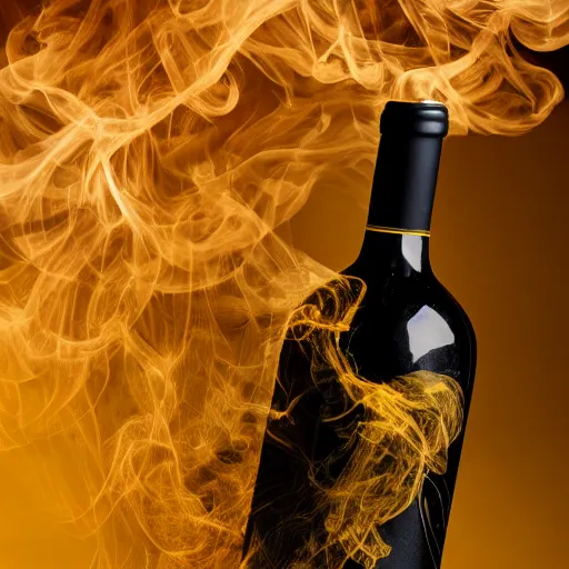 Image similar to wine bottle covered in artistic yellow smoke with a black background