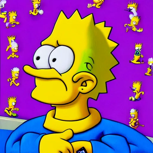 Image similar to a detailed hyper realistic painting of bart simpson in the style of Escher and Lisa frank, award-winning art, intricate,artstation,