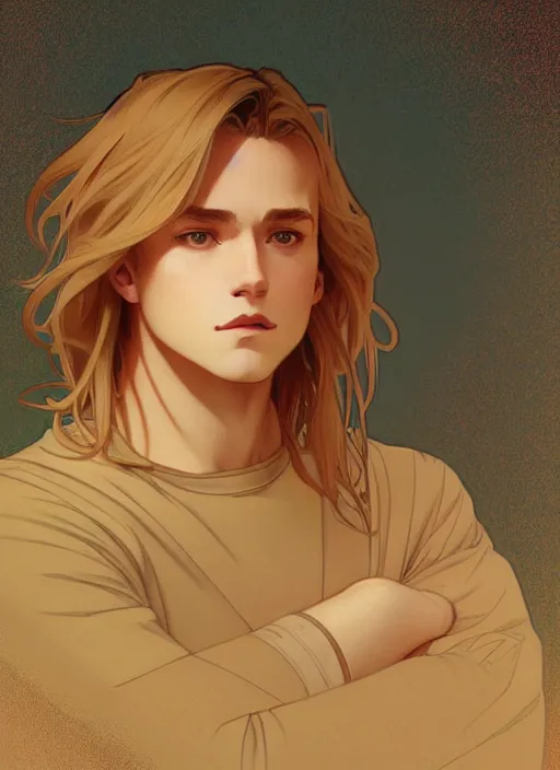 Image similar to pretty young man with shoulder length shiny shimmering golden blond hair, head down, demure, shy, path traced, highly detailed, high quality, digital painting, by studio ghibli and alphonse mucha, leesha hannigan, disney