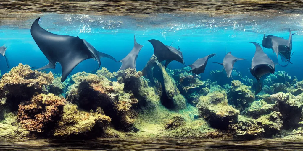 Prompt: hyperrealistic underwater photography, panoramic picture of an ocean floor with in the distance some manta rays. focus on the sharks. the manta rays are anatomically correct and highly detailed. the eyes are intricately detailed. there are lots of bubbles. seaweed and some rocks. gloomy scattered light entering from the water surface, trending on artstation, hq, 4 k