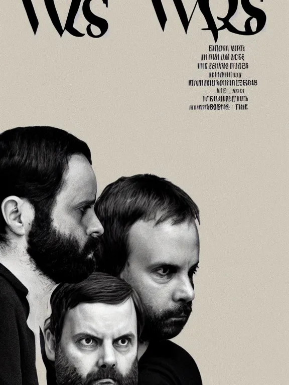 Image similar to Poster for a Yorgos Lanthimos movie featuring two black and white uncomfortable man, minimalism, beige background, realistic, 4k, in the style of Vasilis Marmatakis