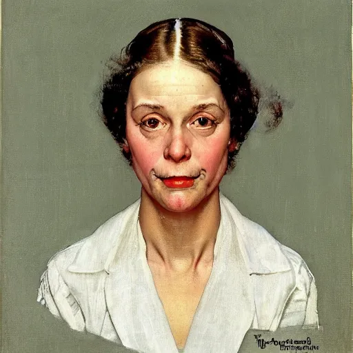 Image similar to Frontal portrait of a woman without distinct pupils: her eyes are entirely white. Painting by Norman Rockwell.