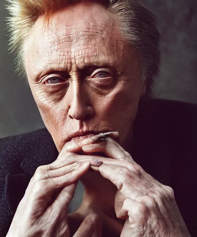 Image similar to a color photograph of christopher walken, by annie leibovitz and thomas ruff, platinum blond, intense, bold, exaggerated, overblown, ultra sharp, extra details, ultra high quality, trending on pinteresst