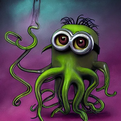 Prompt: Minion as Lovecraft's monster, tentacles, evil, dark colours, high resolution, 50 mm, extremely realistic