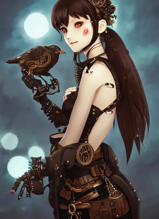 Image similar to steampunk themed anime girl with a steampunk robotic crow on her shoulder, finely detailed, portrait, beautiful, cinematic lighting, made by wlop, artgerm, illustration