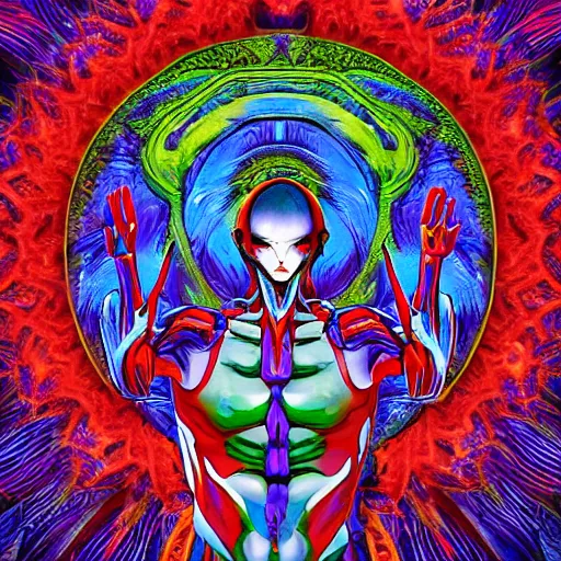 Prompt: 4K headshot of godlike Alien with defined arms and open hands and bloody clothes with vibrantly colored giant mandala wings , intricate face , flawless anime cel animation by Kentaro Miura, psychedelic , highly detailed upper body , professionally post-processed , beautiful, scary, symmetry accurate features, epic, octane rendered, anime masterpiece, accurate