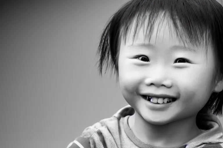 Prompt: still photo of a chinese child smiling at the camera on the street, black and white color aesthetic, highly detailed, photorealistic portrait, bright studio setting, studio lighting, crisp quality and light reflections, unreal engine 5 quality render