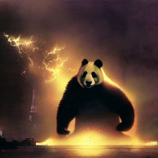 Prompt: giant panda destroying tokyo in the style of the movie godzilla, cinematic lighting, cinematic framing and shadows 1 9 7 0 s aesthetic
