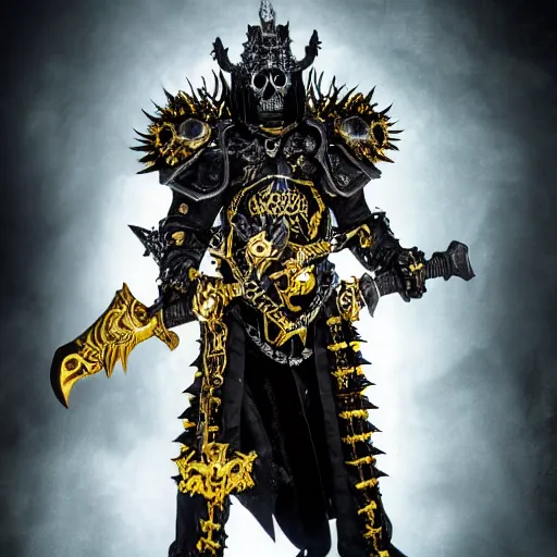 Image similar to lich king wearing black and gold armor with skulls and chains, holding a two handed sword with golden handle, wearing spiky helmet with mask