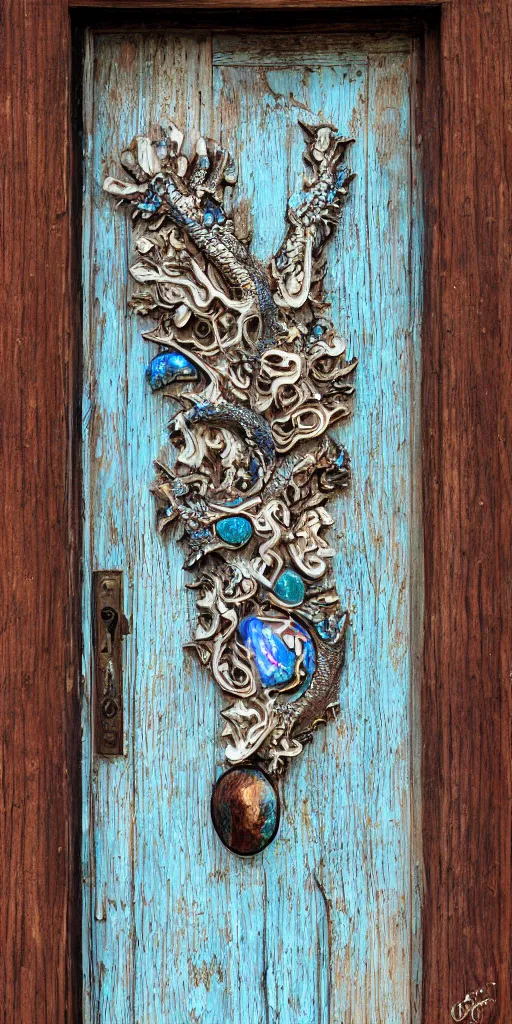 Image similar to https://s.mj.run/lcNw6KWjbsI Full old weathered wooden Door with a high relief carving of Fractal Marble and Opal Geode and Obisidian+Flowerpunk, cyberpunk, Dragonhead, twisted oak tree, jewels + Dark-blue light-blue black gold light-brown opal white + Ultra realistic, intricate detail, contrast, wet, kintsugi, rococo, baroque, 24mm lens + by Alphonse Mucha, Roger Deakins, Moebius, Mohrbacher