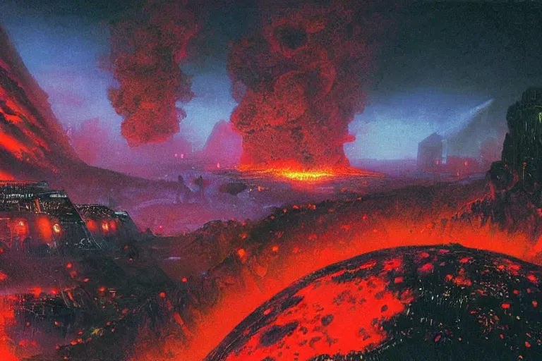 Prompt: a cyberpunk city in the crater of a volcano, lava flowing, smoke, fire, neon, industrial, by paul lehr