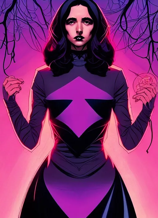 Image similar to Rafael Albuquerque comic cover art, artgerm, Joshua Middleton, pretty Stella Maeve witch doing black magic, serious look, purple dress, symmetrical eyes, symmetrical face, long black hair, full body, dark forest, cool colors