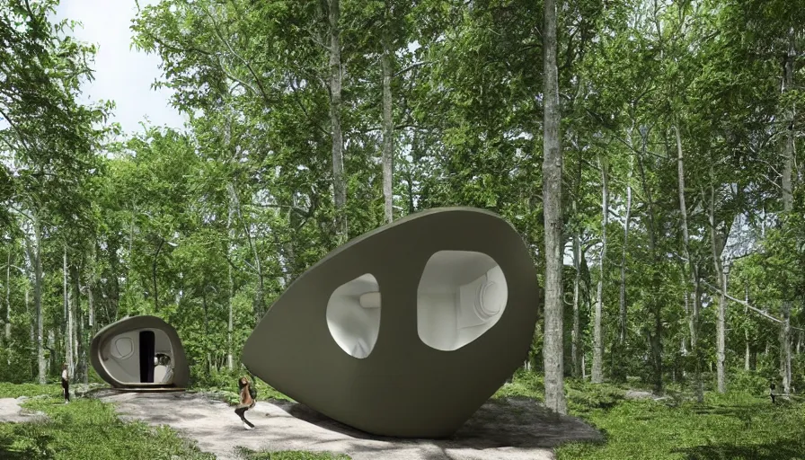 Image similar to A unique innovative and creative eco community of small affordable and contemporary creative cabins in a lush green forest with soft rounded corners and angles, 3D printed line texture, made of cement, connected by sidewalks, public space, and a park, Design and style by Zaha Hadid, Wes Anderson and Gucci