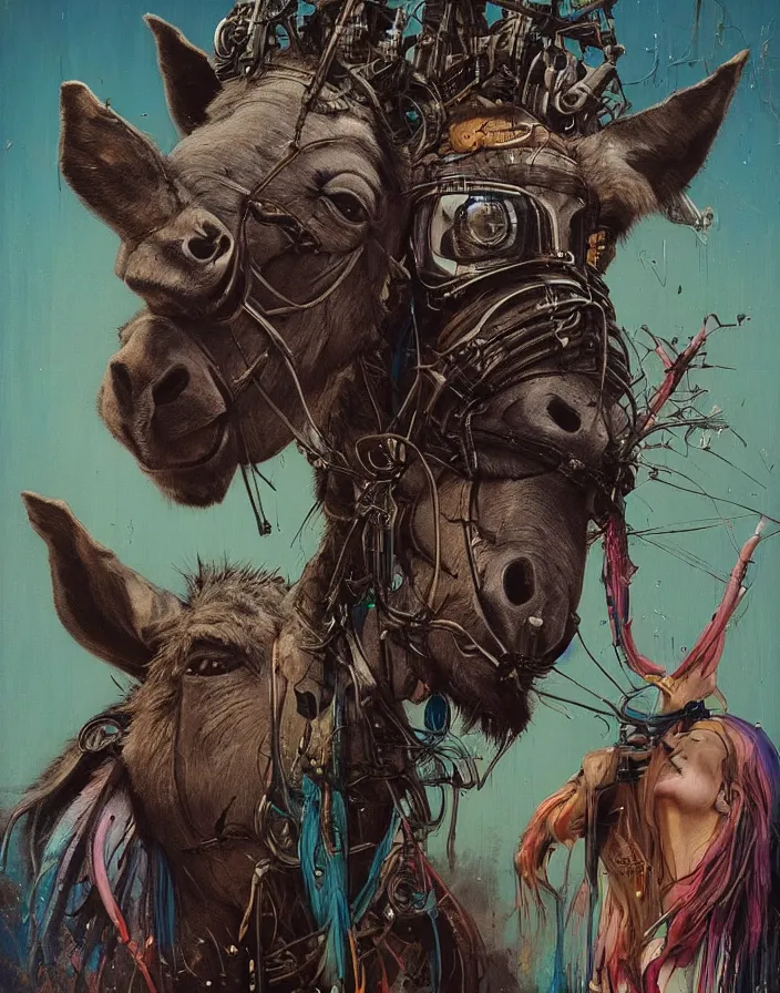 Image similar to art portrait A donkey and a bug hybrid, 8k,by tristan eaton,Stanley Artgermm,Tom Bagshaw,Greg Rutkowski,Carne Griffiths, Ayami Kojima, Beksinski, Giger,trending on DeviantArt,face enhance,hyper detailed,minimalist,cybernetic, android, blade runner,full of colour,