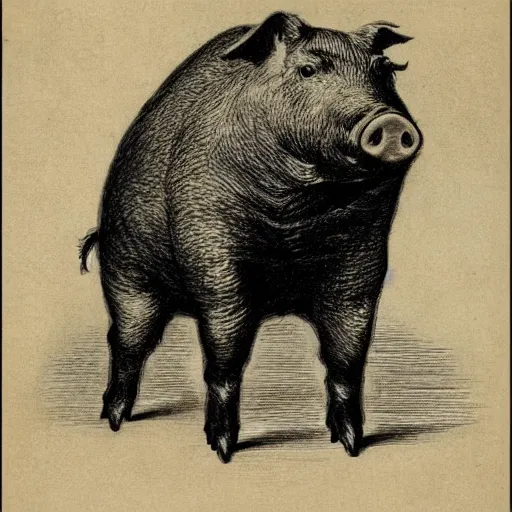 Image similar to pig in a tuxedo, dark, high detail, dramatic light, drawing gustave dore