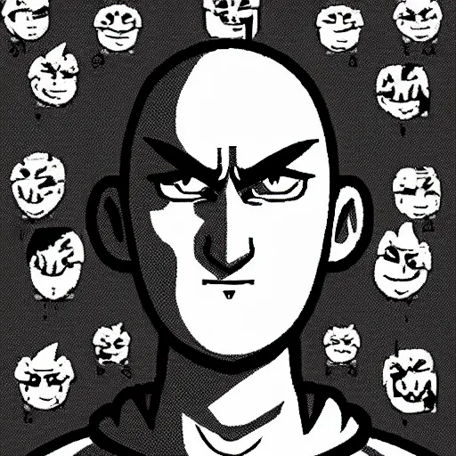 Image similar to portrait of saitama in the cuphead game art style, End game boss, angry face wrinkles, flowerfield background