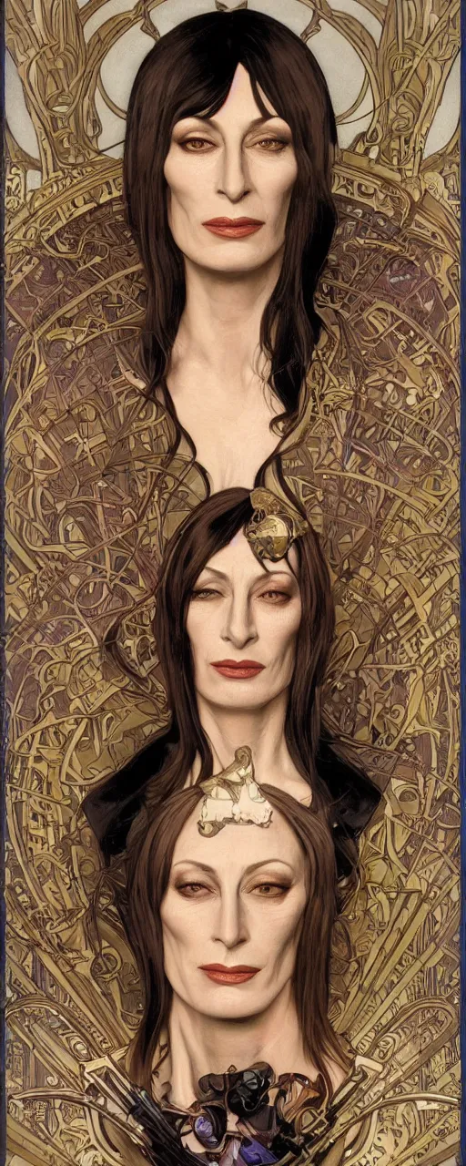 Prompt: beautiful enticing cyberpunk art nouveau style portrait of anjelica huston as a chic street soldier by olivia de bernardinis, moebius, chris achilleos and alphonse mucha, photorealism, extremely hyperdetailed, perfect symmetrical facial features, perfect anatomy, ornate declotage, latex, weapon, high technical detail, confident expression, wry smile