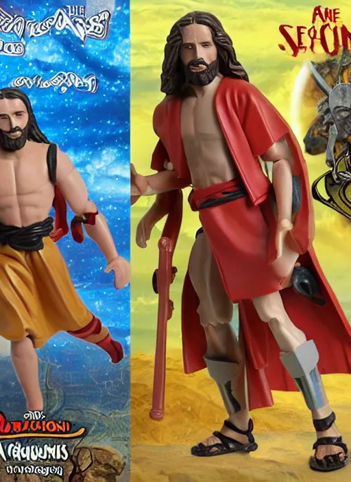 Image similar to Jesus vs the Devil in the flying sandals of salvation action figures toy pack