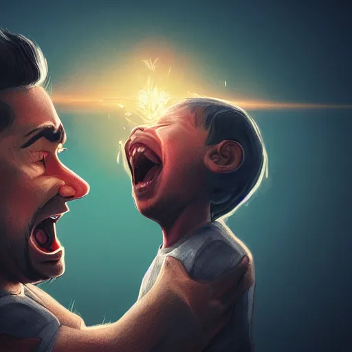 Image similar to Father yelling energetically at his sad little who keeps his head down, exaggerated trending on artstation, hyperdetailed, dramatic, perfect composition