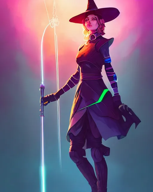 Image similar to A witch wielding a futuristic power staff, digital apex legends illustration portrait, gorgeous lighting, wide angle action dynamic portrait, perspective shot, art by Nick Sullo, Pink and blue palette, high contrast,