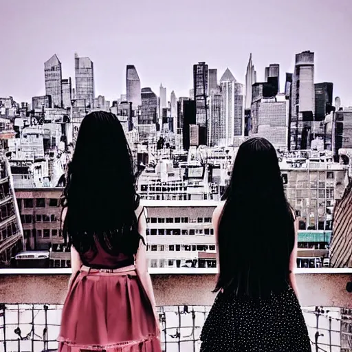 Image similar to “ two goth girls on city rooftop gorgeous, metropolitan city, detailed ”