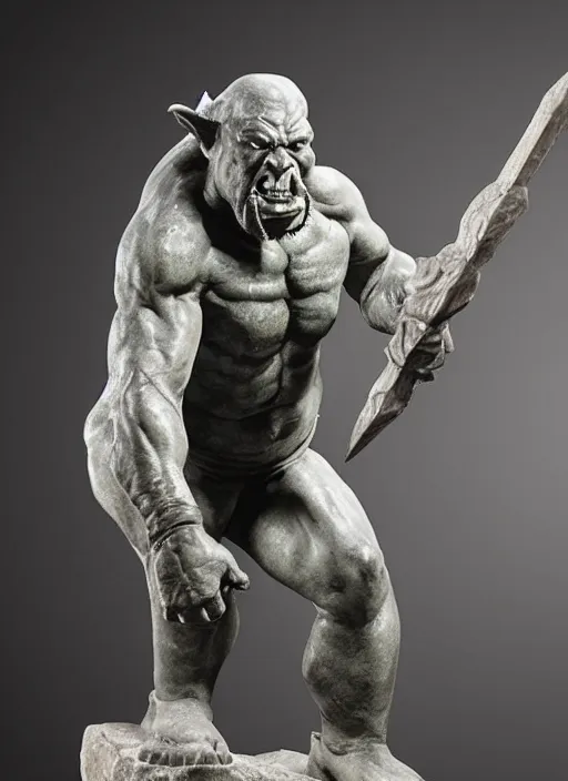 Image similar to a full figure stone sculpture of Giant Orc holding a spear by Rodin and Bernini