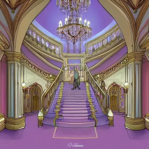 Prompt: “Entry foyer to Cinderellas castle, wide grand staircase, high ceiling, pastel color palette, concept art”