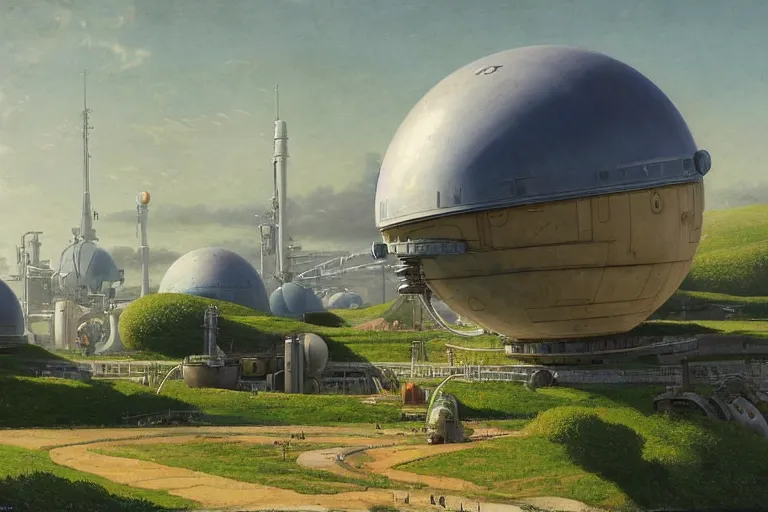Prompt: an impressive science fiction big factory with a spherical architecture designed by boeing military and star wars with fat cables and pipes, on a beautiful green hill in a the french countryside during spring season, painting by studio ghibli backgrounds and louis remy mignot hd, nice lighting, smooth tiny details, soft and clear shadows, low contrast, perfect