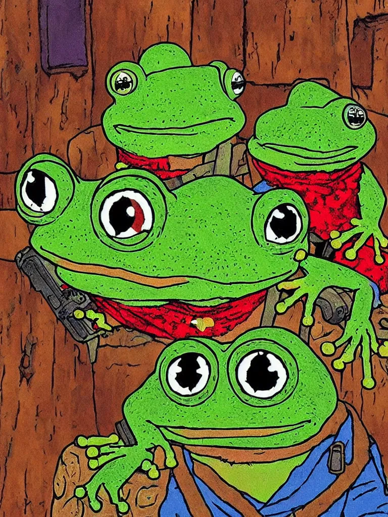 Prompt: resolution hyper realistic weathered background happiness of pepe love and life read dead redemption 2 pepe the frog and sitting out side their rustic Tavern multi colored frogs by tiny pepe adventurers the value of love a clear prismatic of love, warm ,pepe the frog , art in the style of Akihito Tsukushi and James Whistler and Victor Nizovtsev realism