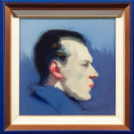 Prompt: profile portrait in tonalist style ( 1 9 5 4 ), ultramarine blue, venetian red, titanium white, modeled lighting, detailed, expressive, dark shadows