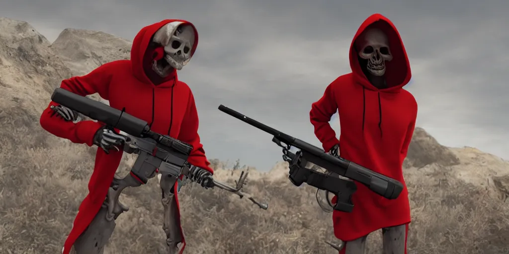 Prompt: a skeleton in a red hoodie with a rifle ultrarealism