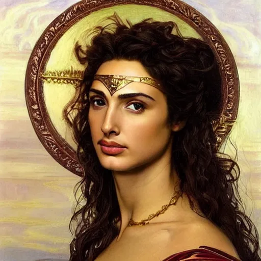 Image similar to Head and shoulders masterpiece portrait oil painting of the beautiful goddess Gal Gadot as Atenea, she is wearing roman clothes and a surreal jewelry, her hair is natural disheveled, she is approaching heaven over the clouds, naturalism, dramatic lighting, high-detailed oil painting by Ilya Repin, Michelangelo da Caravaggio, William Blake, Alex Grey and Beksinski, trending on Artsation, hystorical painting, naturalism, masterpiece, 4k, 8k,