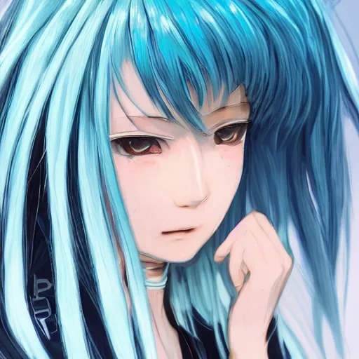 Image similar to profile shot of rimuru tempest averting his gaze, sky blue hair, straight hair, pretty, long bangs, golden eyes, black jacket with white stripes, a high frilly collar | highly detailed, unreal engine 5, digital painting, concept art, cinematic, wlop | artgerm, pixiv, ilya kuvshinov, andy warhol