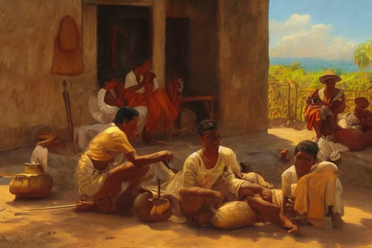 Prompt: Casimiroid native binding tools, genre painting (everyday life by portraying ordinary people), morning light, Archaic cuba, artstation, oil on canvas, by Albert Aublet, Private Collection