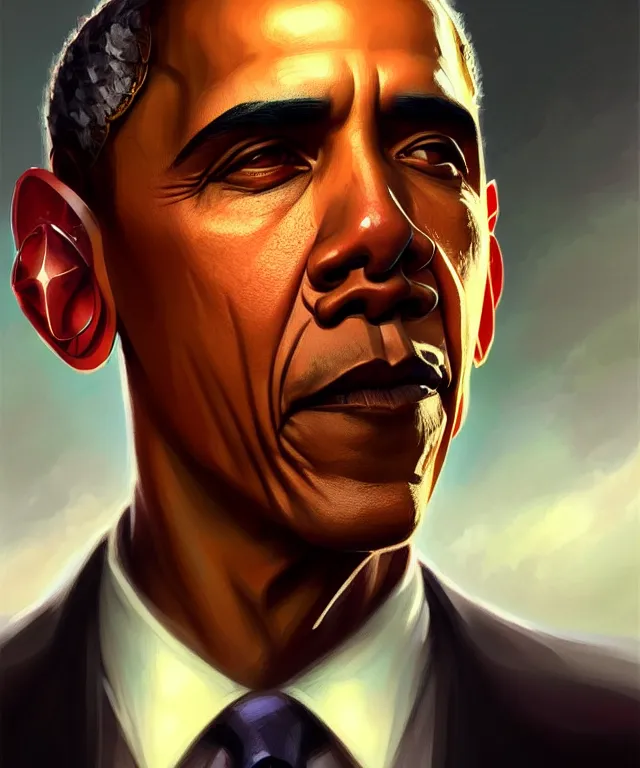 Image similar to Obama as a fantasy magic man portrait, sci-fi, amber eyes, face, fantasy, intricate, elegant, highly detailed, digital painting, artstation, concept art, smooth, sharp focus, illustration, art by artgerm and greg rutkowski and alphonse mucha