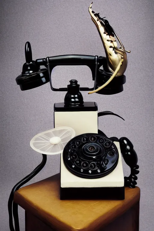 Image similar to commercial product photography advertisement for Salvador Dali’s Lobster Telephone, a black Rotary telephone with a painted plaster lobster for a handle, Rear lighting, commercial studio lighting