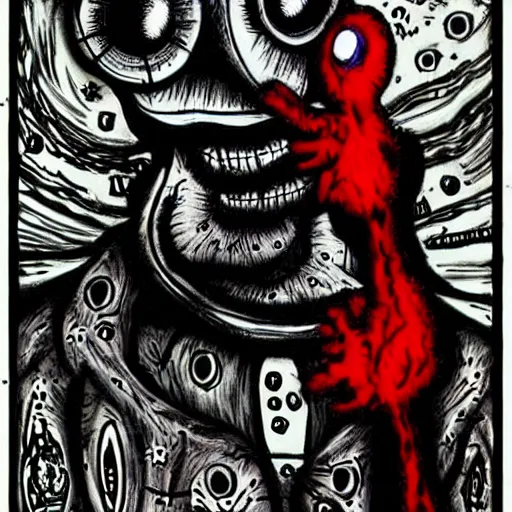 Prompt: dark art cartoon grunge drawing of elmo by tim burton - loony toons style, horror theme, detailed, elegant, intricate, trending on art station