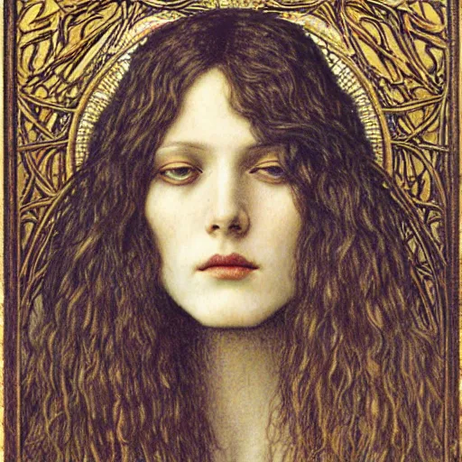 Prompt: detailed realistic beautiful young medieval queen face portrait by jean delville, art nouveau, symbolist, visionary, gothic, pre - raphaelite