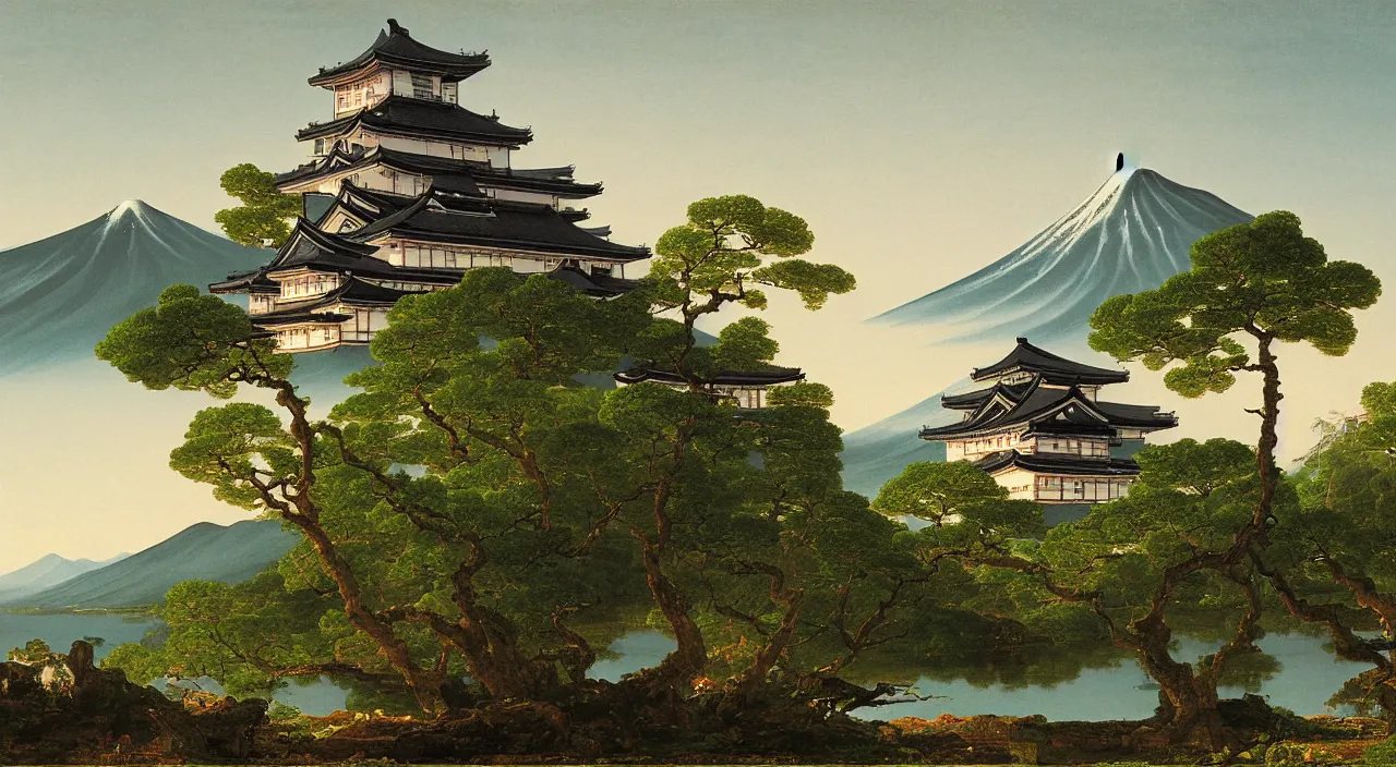Image similar to a landscape painting of a Japanese castle, by Thomas Cole