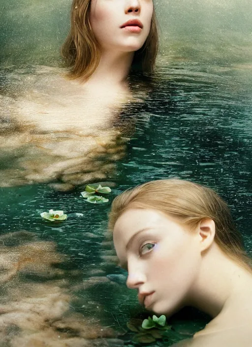 Image similar to Kodak Portra 400, 8K, soft light, volumetric lighting, highly detailed, britt marling style 3/4 ,portrait photo Close-up portrait photography of a beautiful woman how pre-Raphaelites, the face emerges from a pond surrounded by lily pads, thermal waters flowing down white travertine terraces, inspired by Ophelia paint ,and hair are intricate with highly detailed realistic beautiful flowers , Realistic, Refined, Highly Detailed, interstellar outdoor soft pastel lighting colors scheme, outdoor fine art photography, Hyper realistic, photo realistic