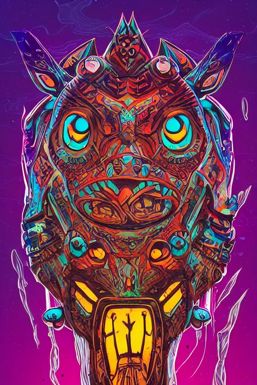 Image similar to totem animal tribal chaman vodoo mask feather gemstone plant wood rock video game illustration vivid color borderlands by josan gonzales and dan mumford radiating a glowing aura