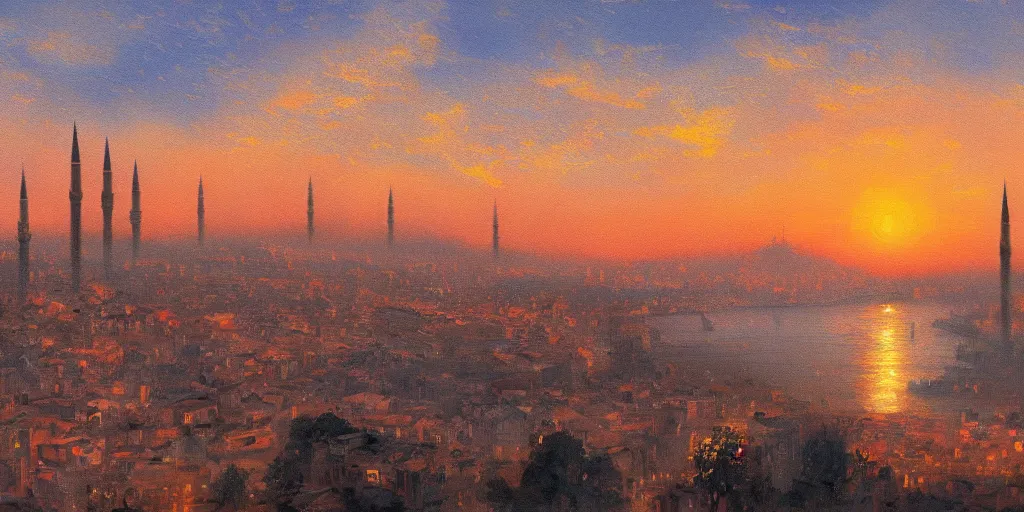 Prompt: Half-futuristic half-traditional version of the city of Istanbul during a sunset on a clear day, tonalism style, trending on Artstation, 8k, 4k, high-res, digital art