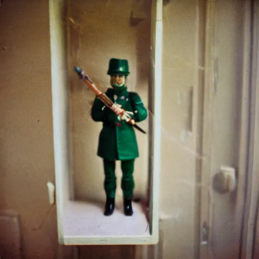 Prompt: toy soldier civil war inside abandoned dollhouse, 35mm grainy film photography