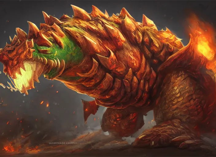 Image similar to detailed concept art of a huge giant bowser by cheng yi and luolin, aartstation, artstationhd, detailed scales, spiky. bowser, bowser nintendo, koopa, ~ bowser # bowser ( ( mario ) ) bcy. net, realistic. cheng yi, fire breathing. bowser