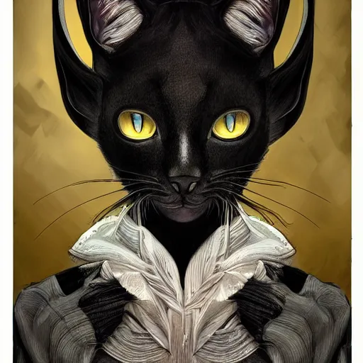 Image similar to a photograpic portrait of a anthropomorphic cat wearing black clothes, black hair, grey skin, grey mouse ears, fantasy, intricate, elegant, highly detailed, digital painting, artstation, smooth, sharp focus, illustration, art by artgerm and H R Giger and alphonse mucha