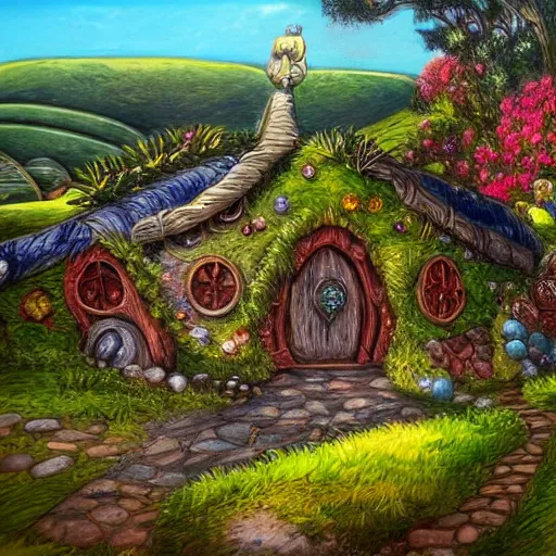 Image similar to hobbiton landscape with abnoxious jewels all around, fantasy, rock, high detail